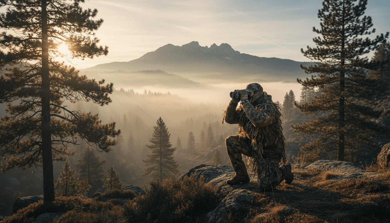 Hunter in camouflage glassing a mountain valley at dawn with binoculars