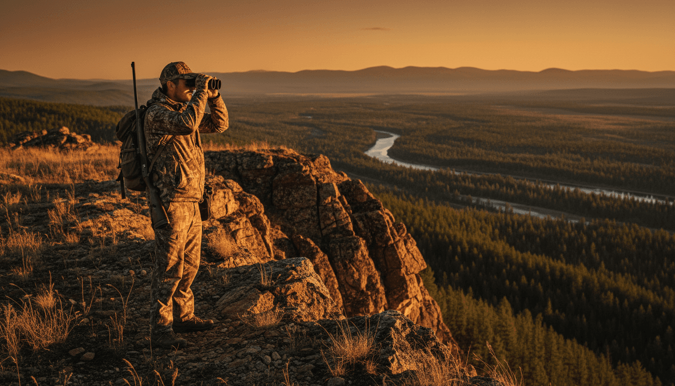 Hunter scanning landscape with binoculars at golden hour