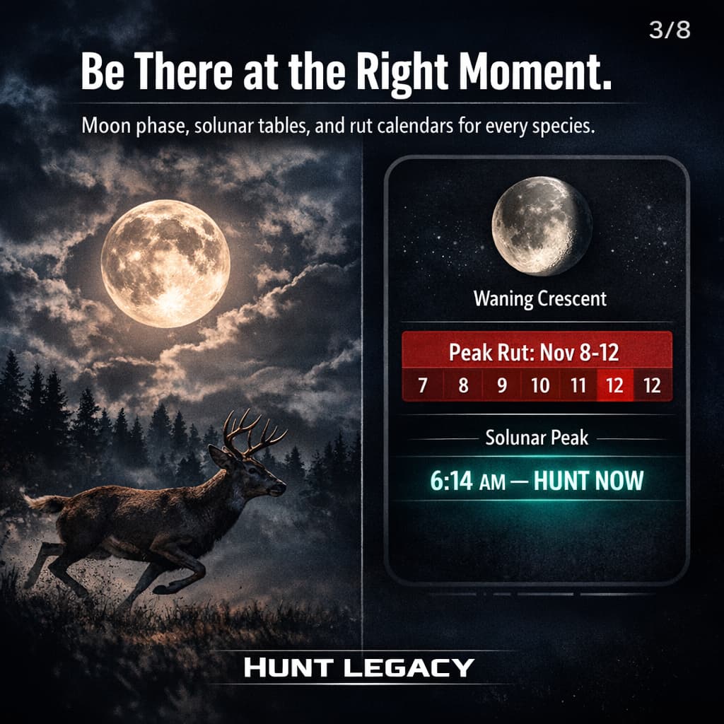 Hunt Legacy Instagram carousel slide 3 - Moon phase and rut calendar feature