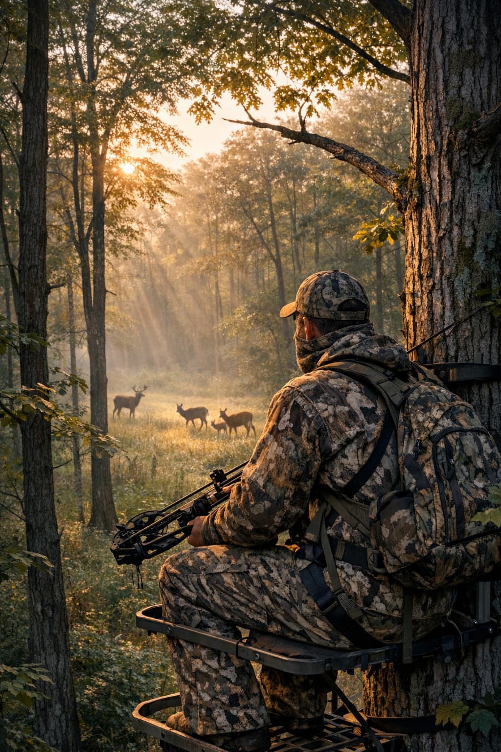Hunter in a treestand with deer in a morning woods scene