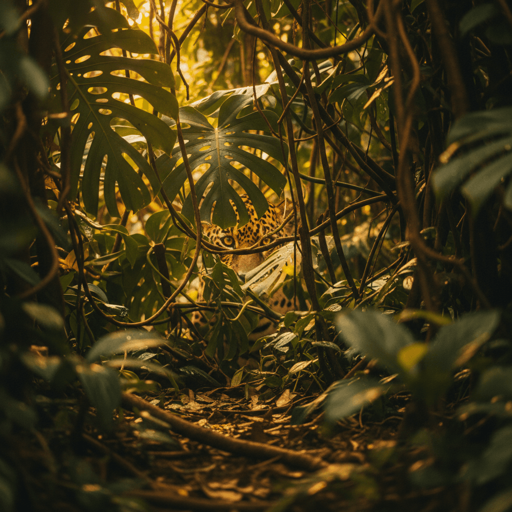 Jaguar in South American rainforest canopy