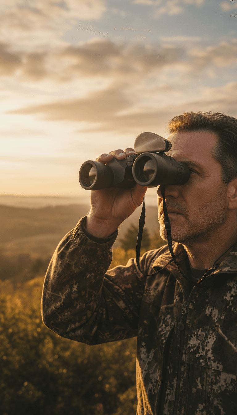 Hunter scanning landscape with binoculars