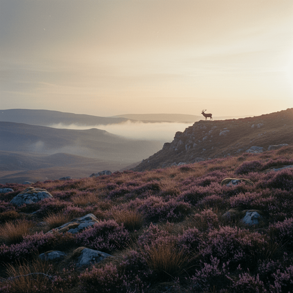 Red stag on misty European moorland at sunset