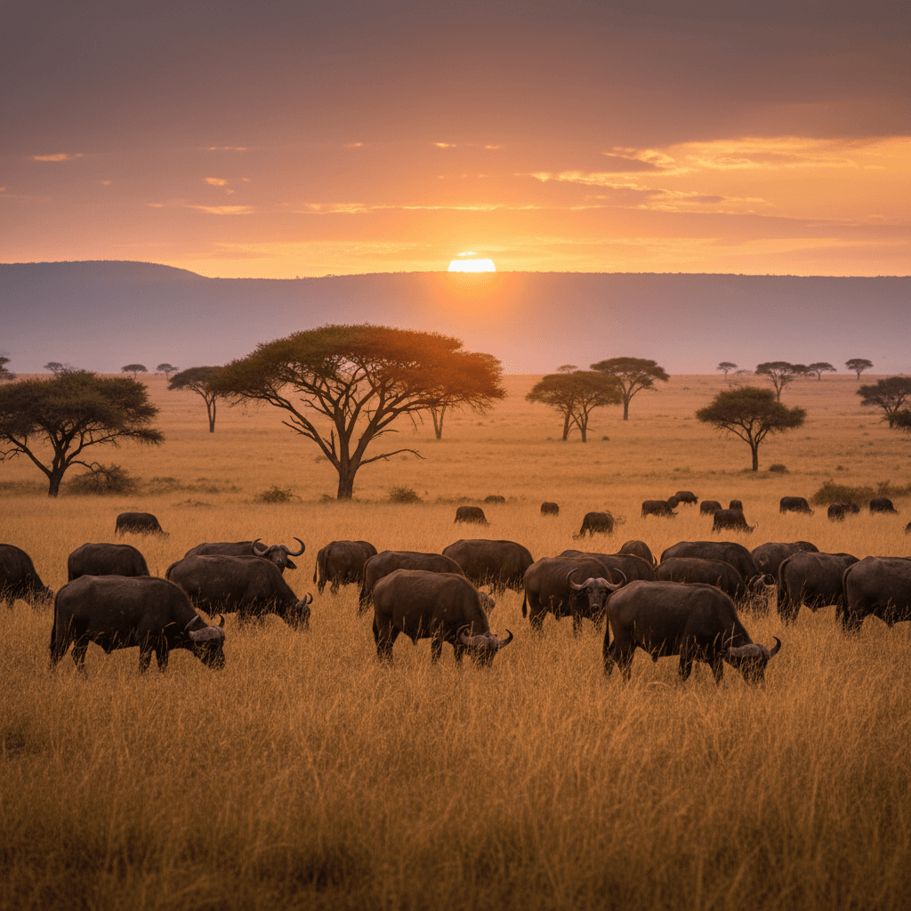 Cape buffalo herd on African savanna landscape