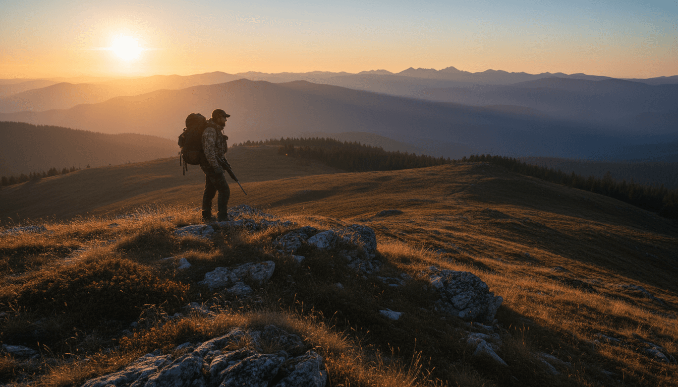 Hunter standing on a ridge overlooking vast wilderness landscape during golden hour