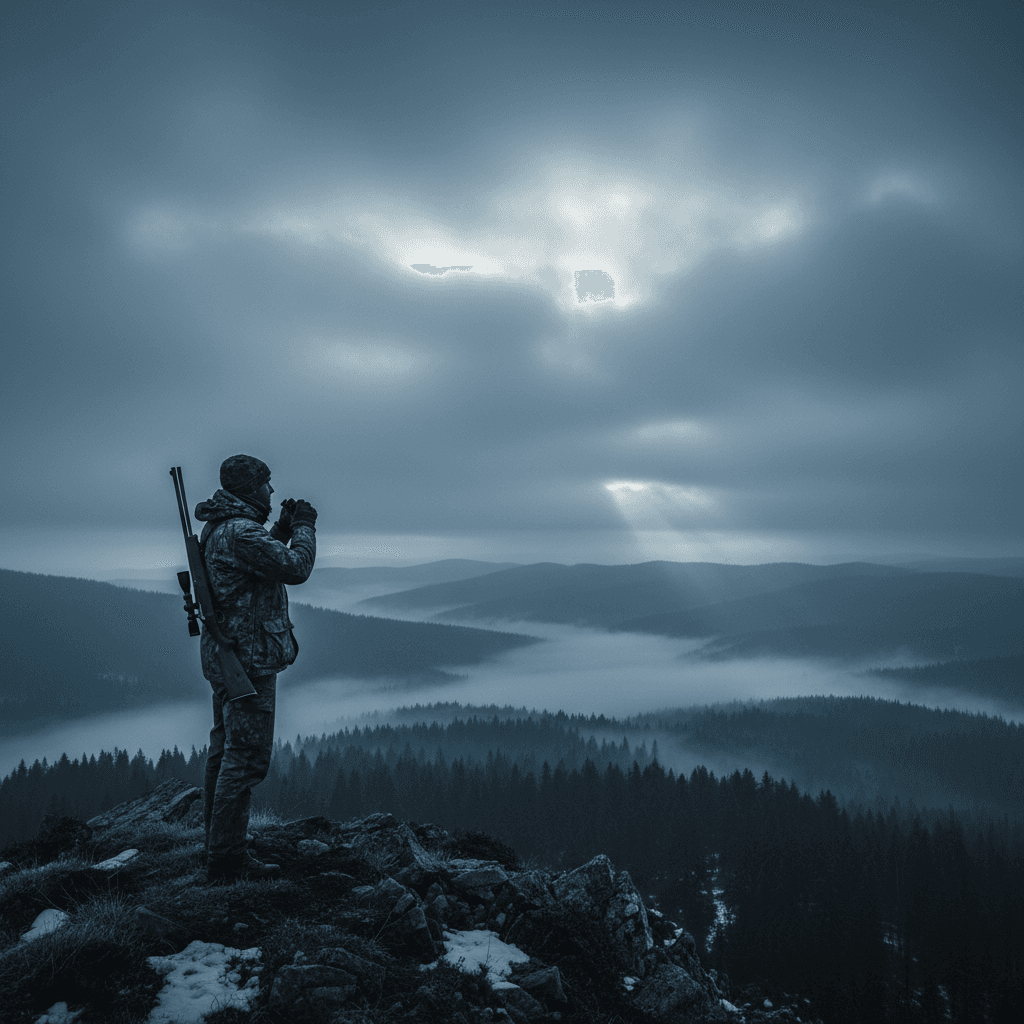 Hunter surveying North American mountain landscape at dawn