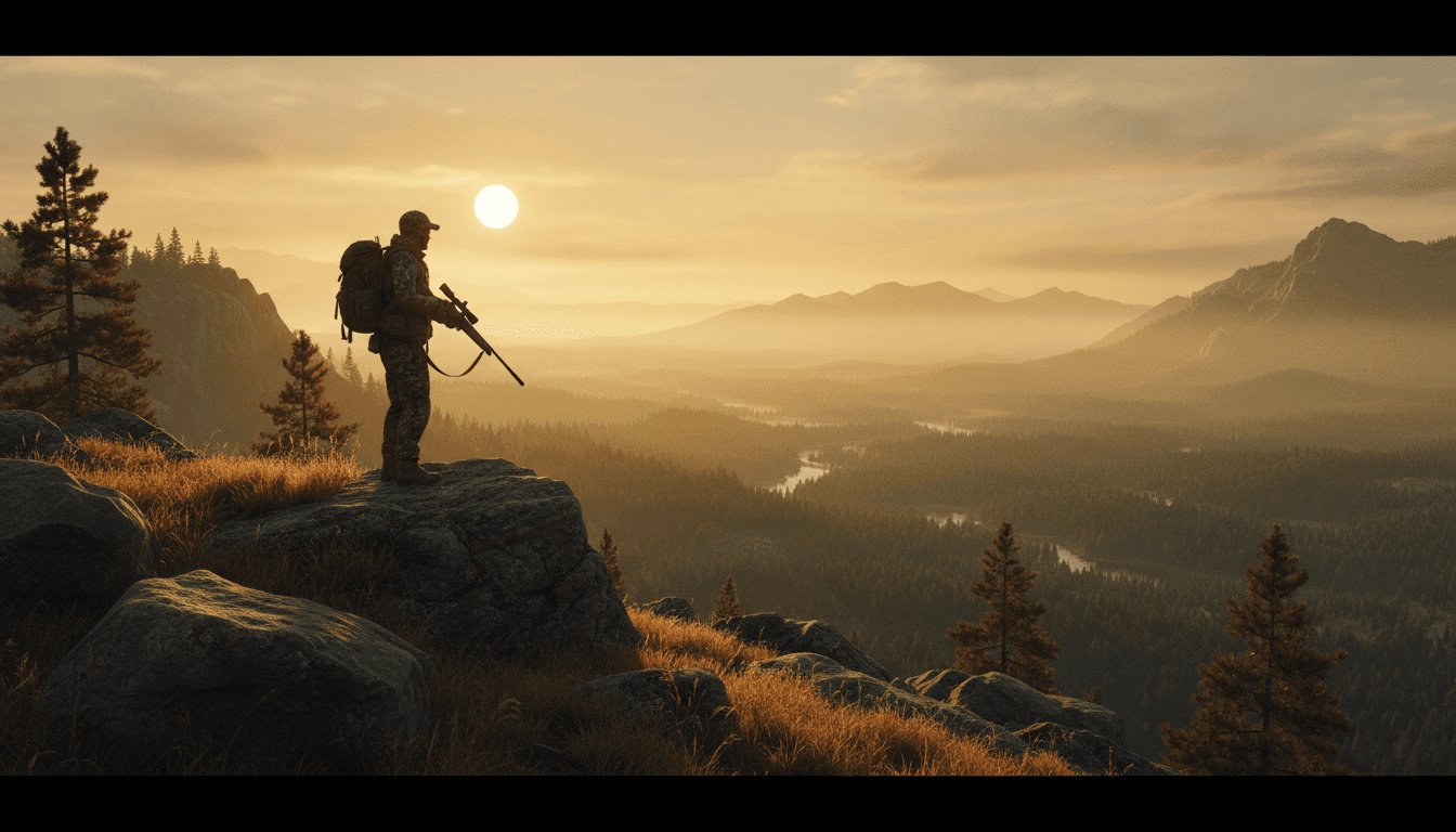 Hunter surveying vast wilderness landscape at golden hour
