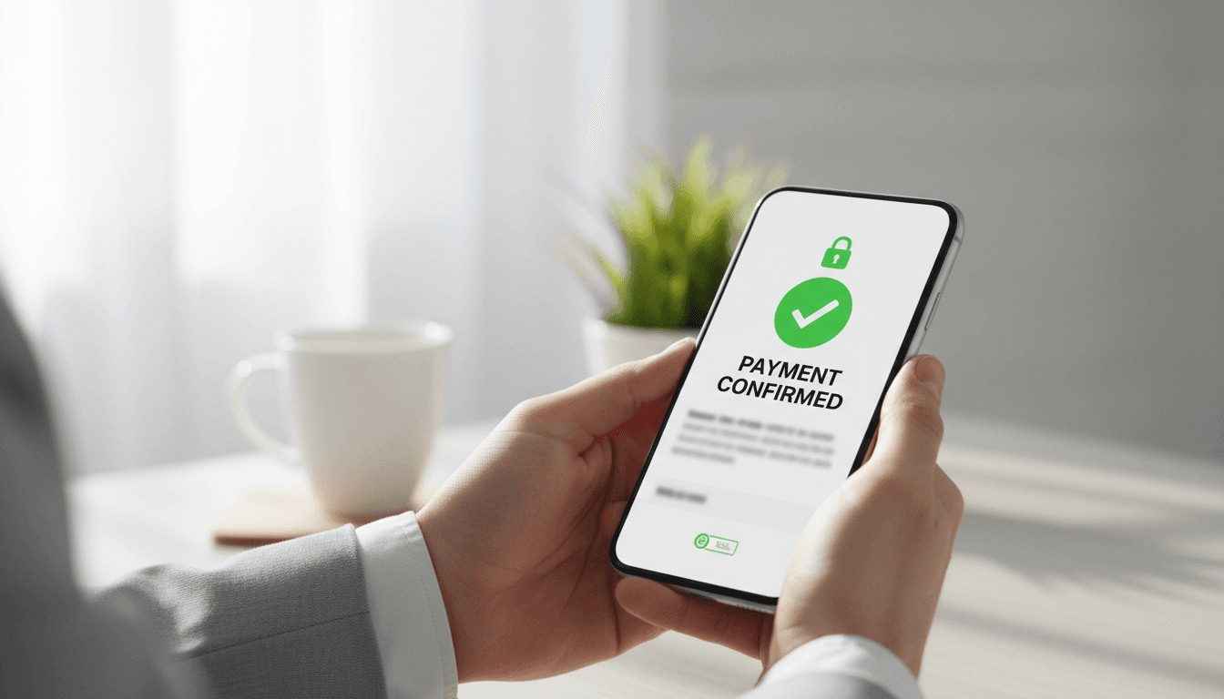 Smartphone displaying secure payment confirmation with encryption indicators