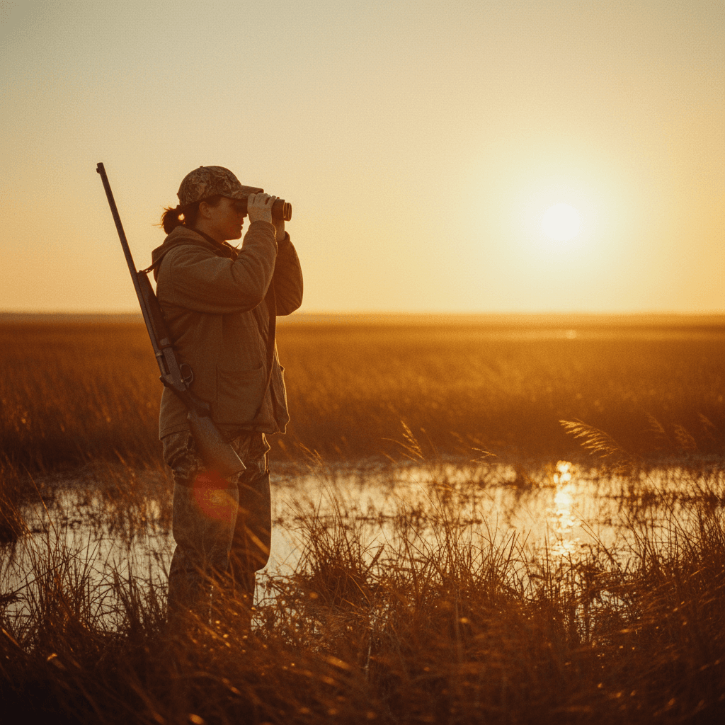 Hunter surveying Louisiana wetlands at sunset
