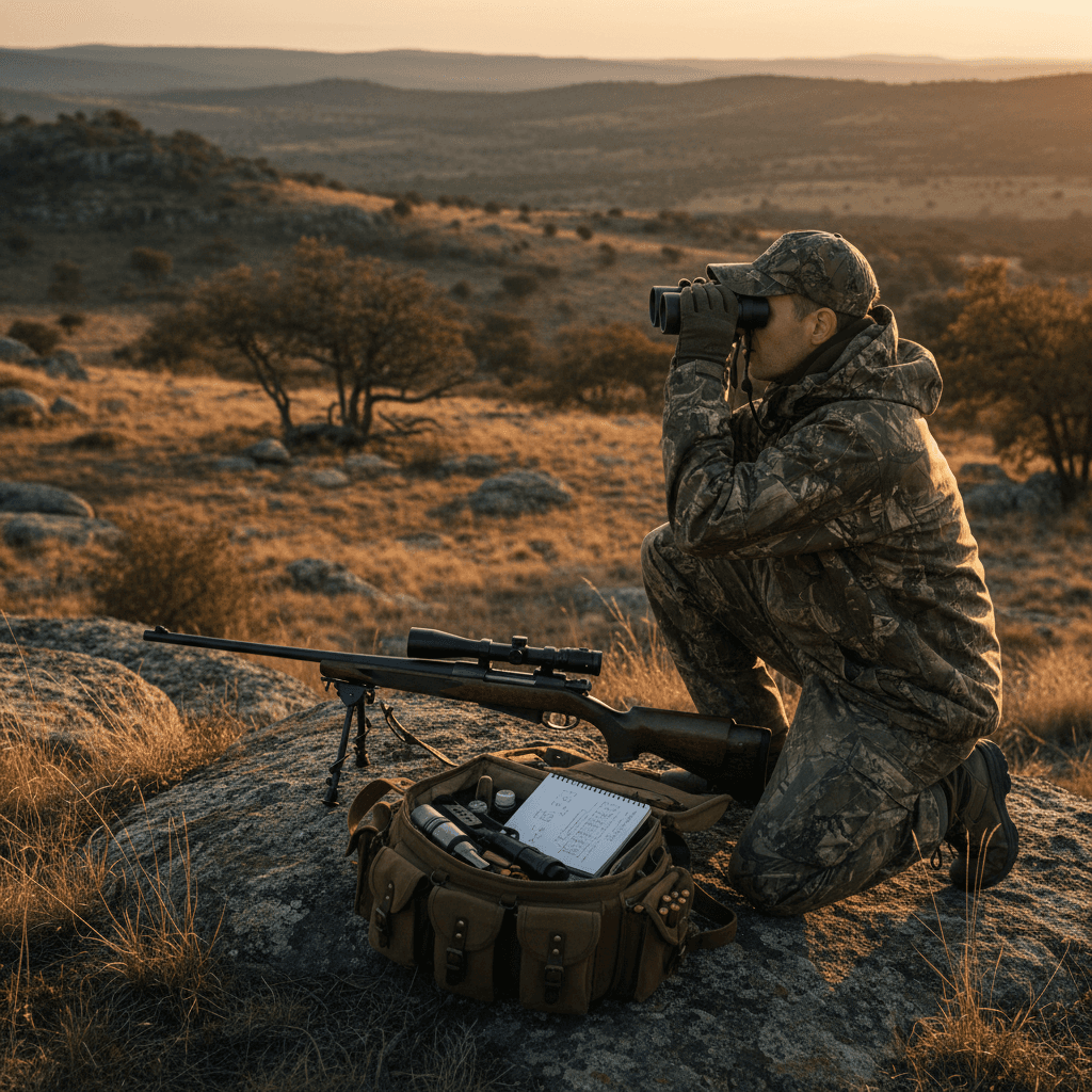 Hunter in field using binoculars and reviewing calculated range data