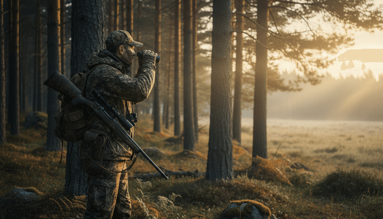 Hunter in camouflage positioned in wilderness with rifle and binoculars, scanning the landscape at dawn