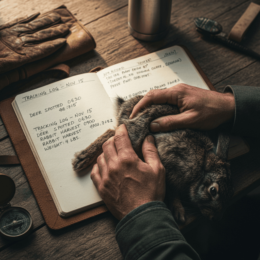 Hunter logging harvest details in field notebook