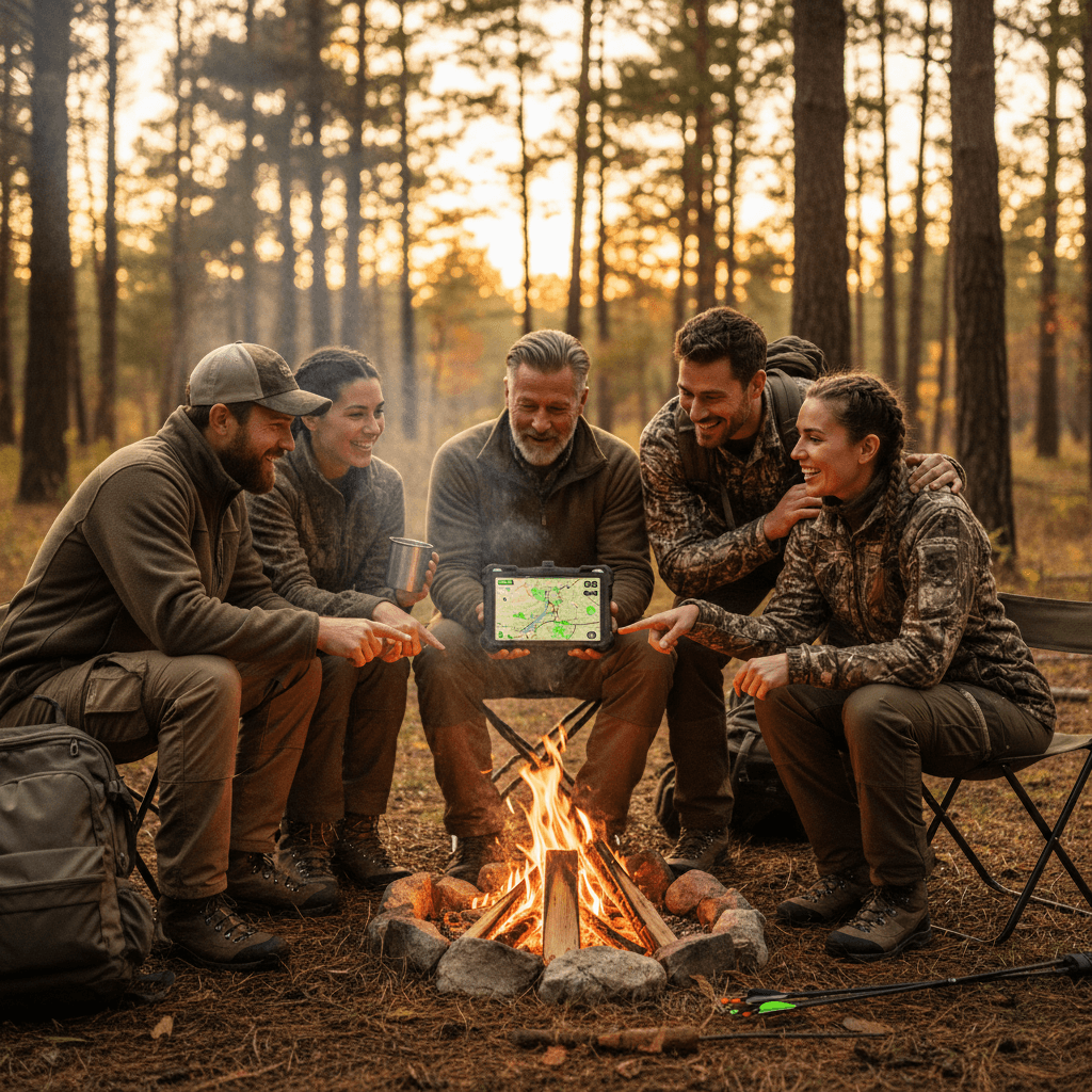 Hunters gathered around a campfire