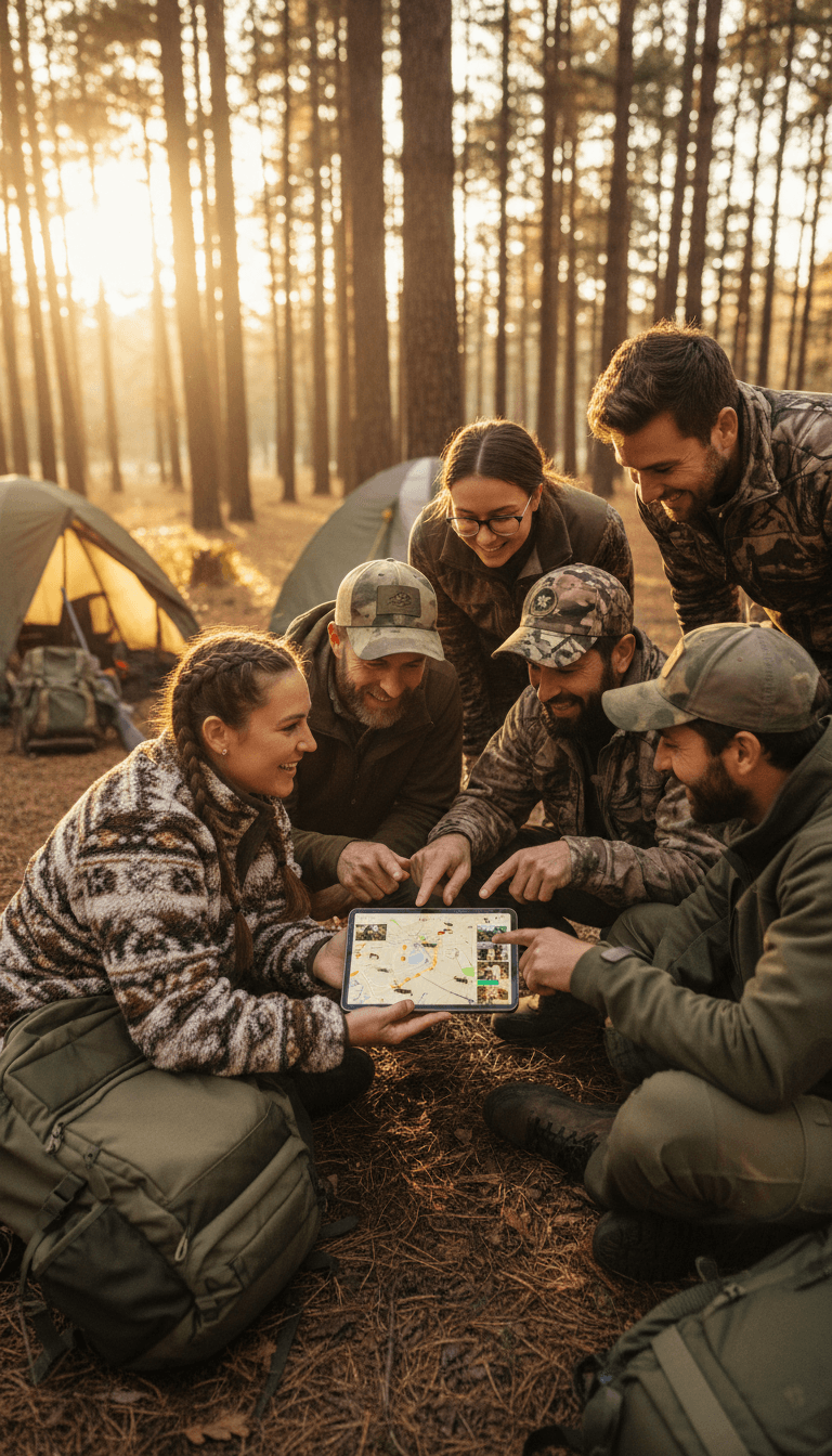 Hunters sharing photos and stories at camp