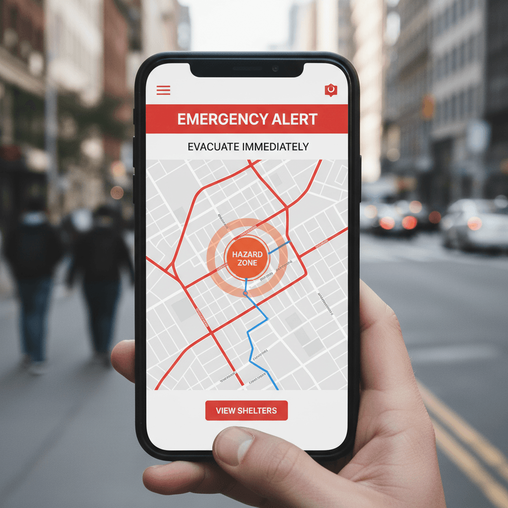 Smartphone displaying red emergency alert notification with evacuation information on urban street